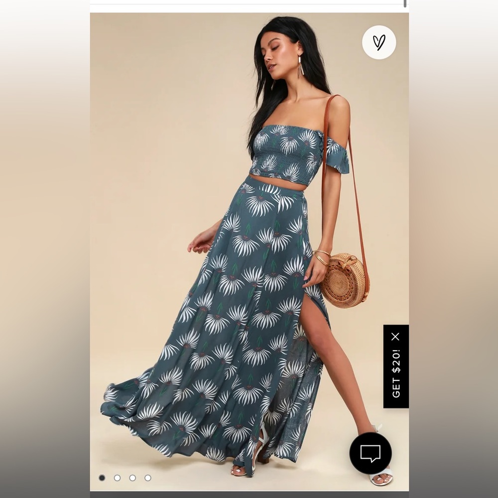Lulu’s Trancoso Dusty Blue Floral Print Two-Piece Maxi Dress